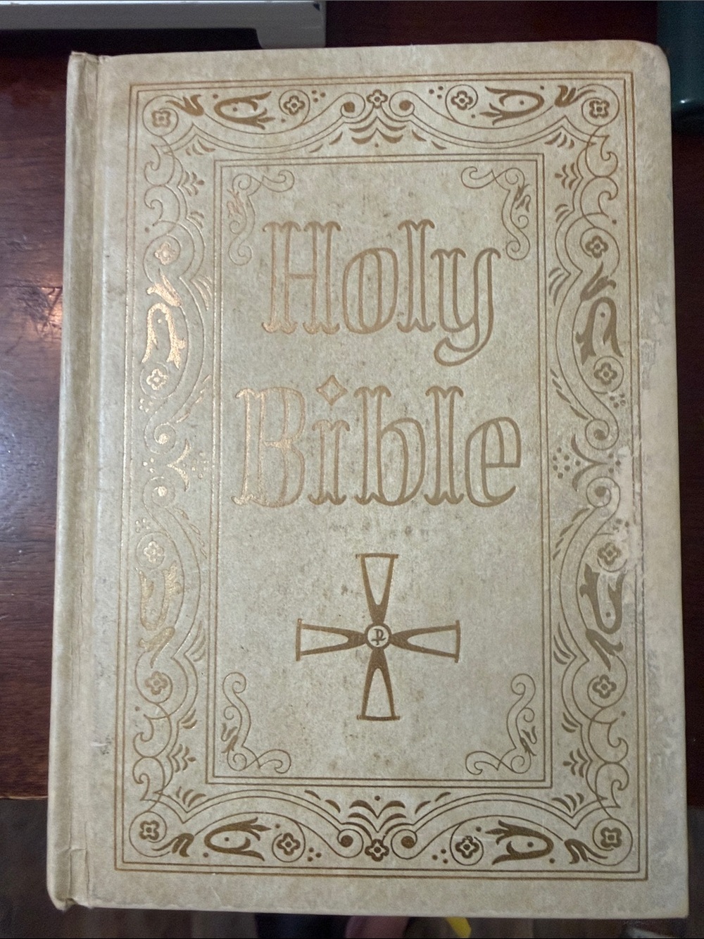 Holy Bible - Cream Hardcover with Gold  trim vintage coffee table piece